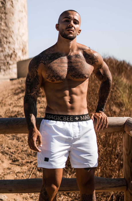 MagicBee Gold Elastic Swim Shorts - White