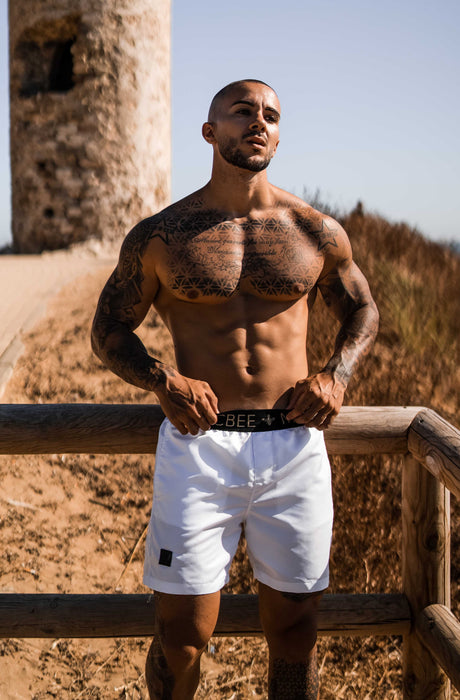 MagicBee Gold Elastic Swim Shorts - White