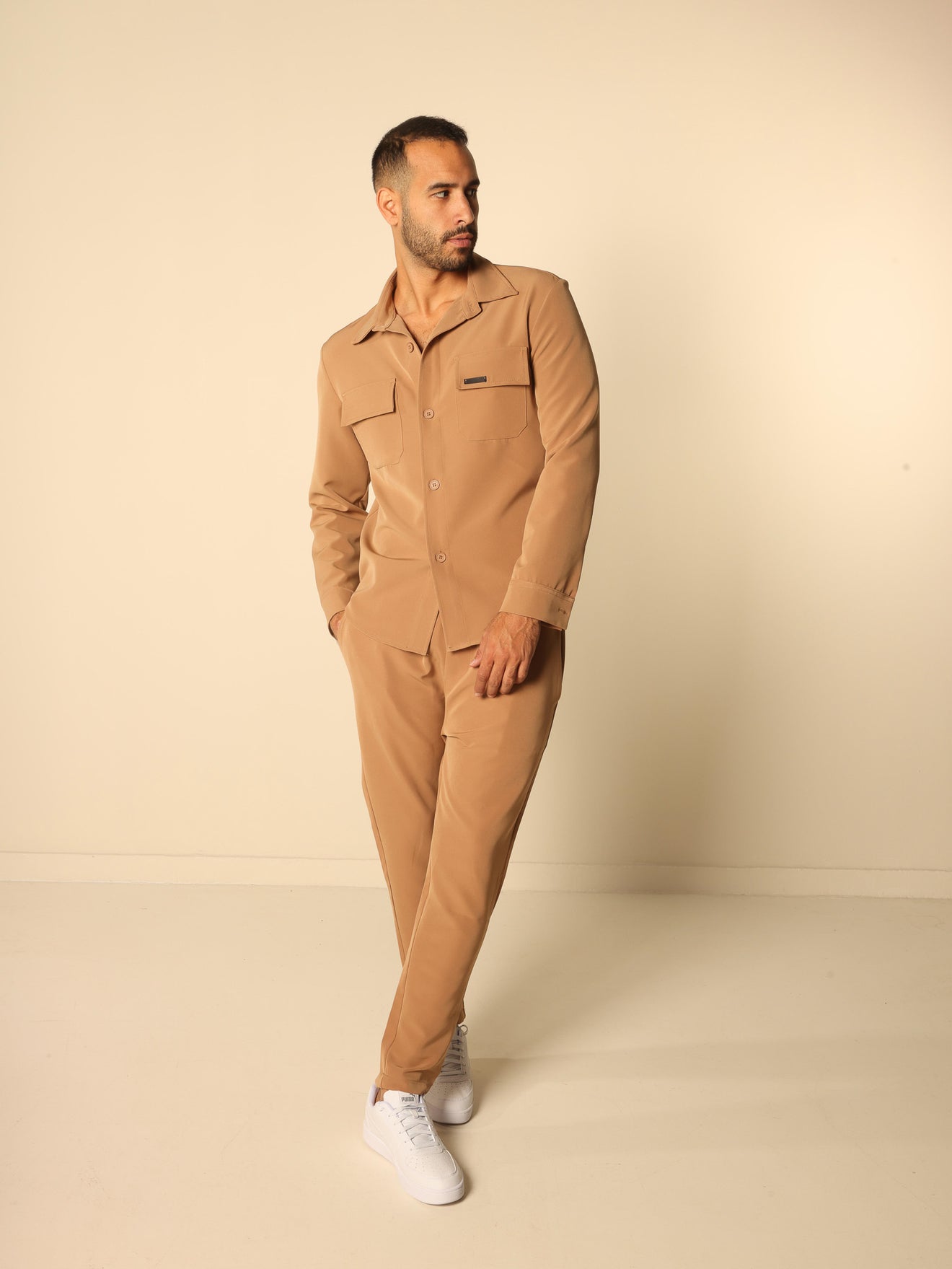 MAGICBEE COUTURE OVERSHIRT WITH PATCH CHEST POCKETS - CAMEL