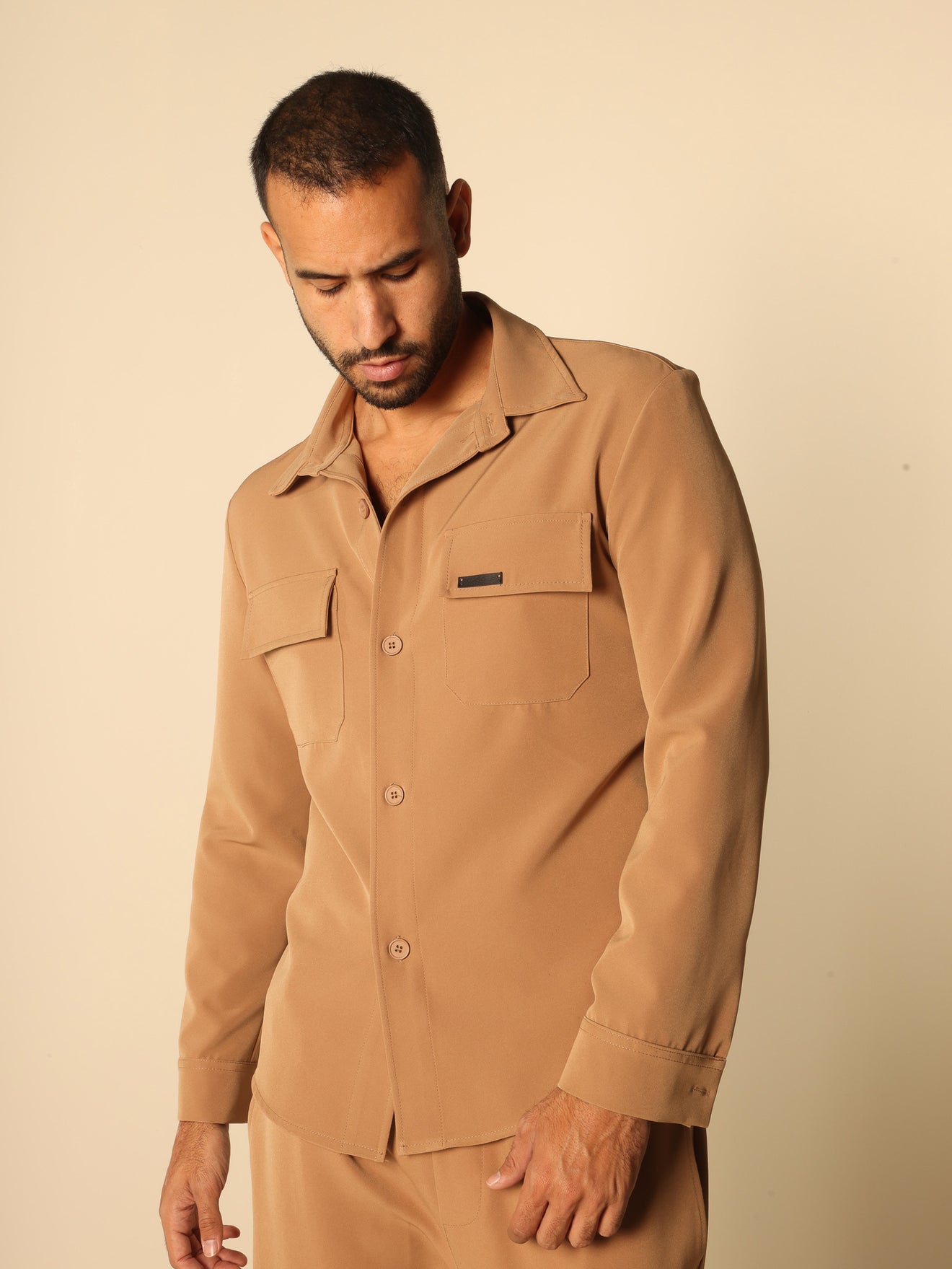 MAGICBEE COUTURE OVERSHIRT WITH PATCH CHEST POCKETS - CAMEL