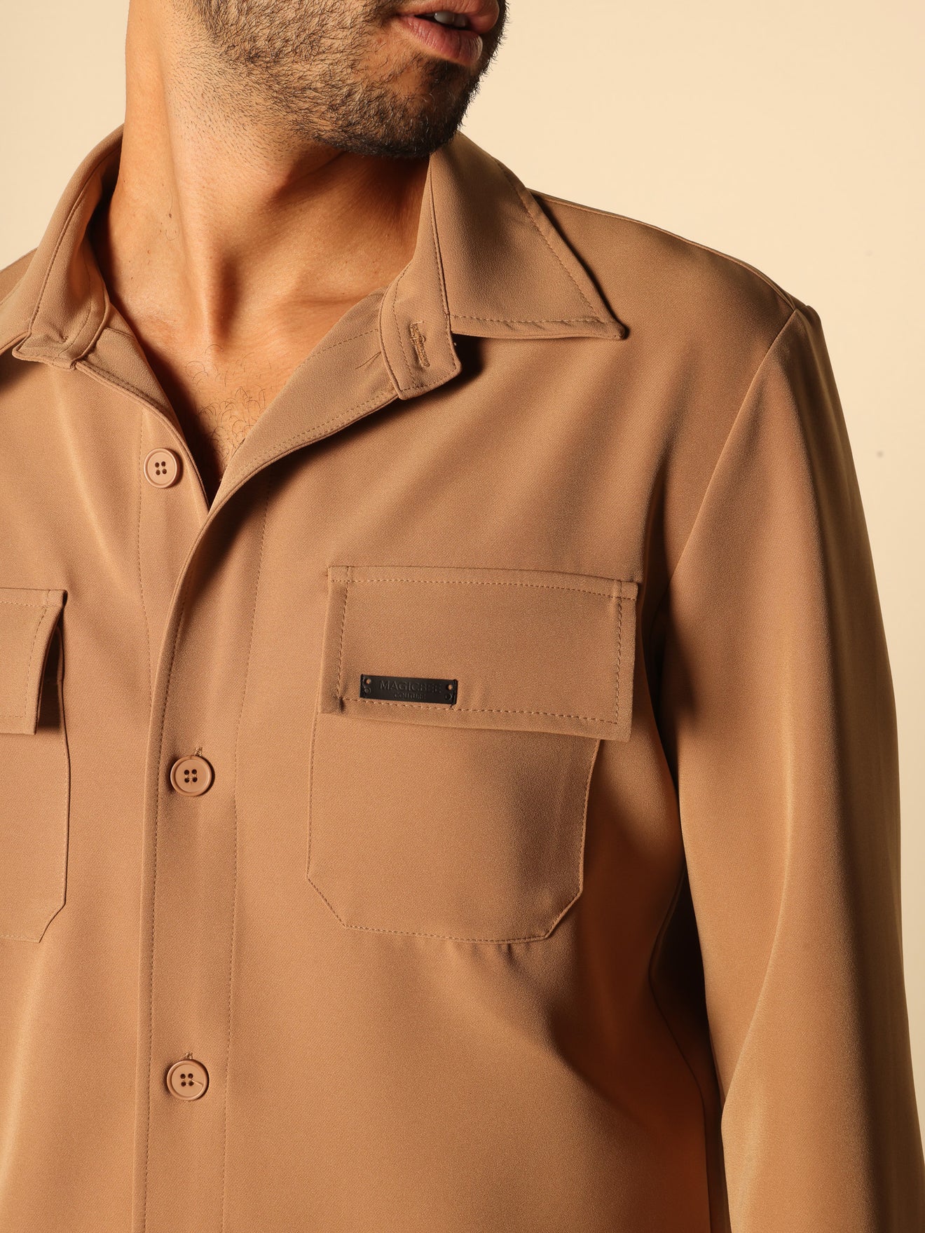 MAGICBEE COUTURE OVERSHIRT WITH PATCH CHEST POCKETS - CAMEL