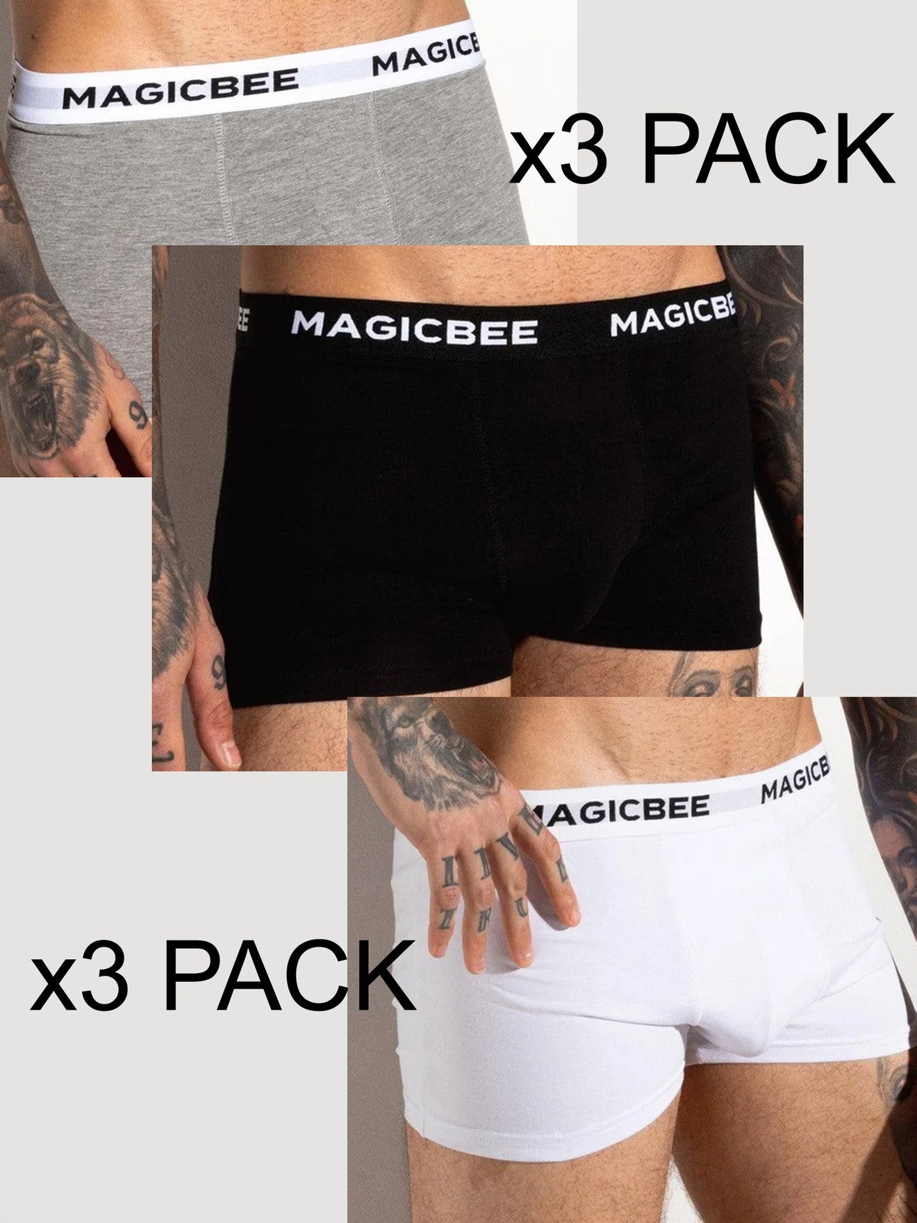 MagicBee (3 PACK) Boxer - Black/White/Grey