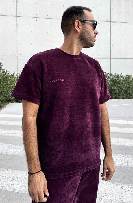 MagicBee Corduroy Velour Oversized Tee - Burgundy