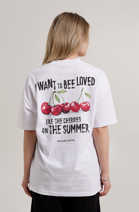 MagicBee Camiseta Oversized Unisex Cherry - Blanca (Edición Limitada)