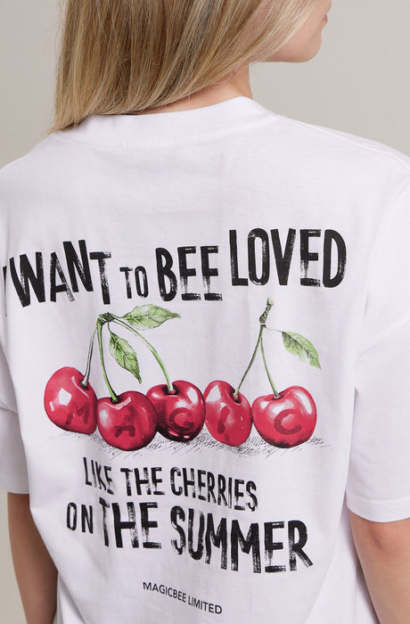 MagicBee Camiseta Oversized Unisex Cherry - Blanca (Edición Limitada)