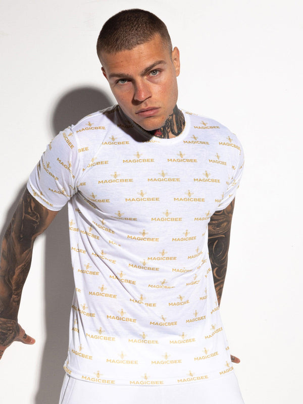 MagicBee All Over Gold Print Tee - White - magicbee-clothing